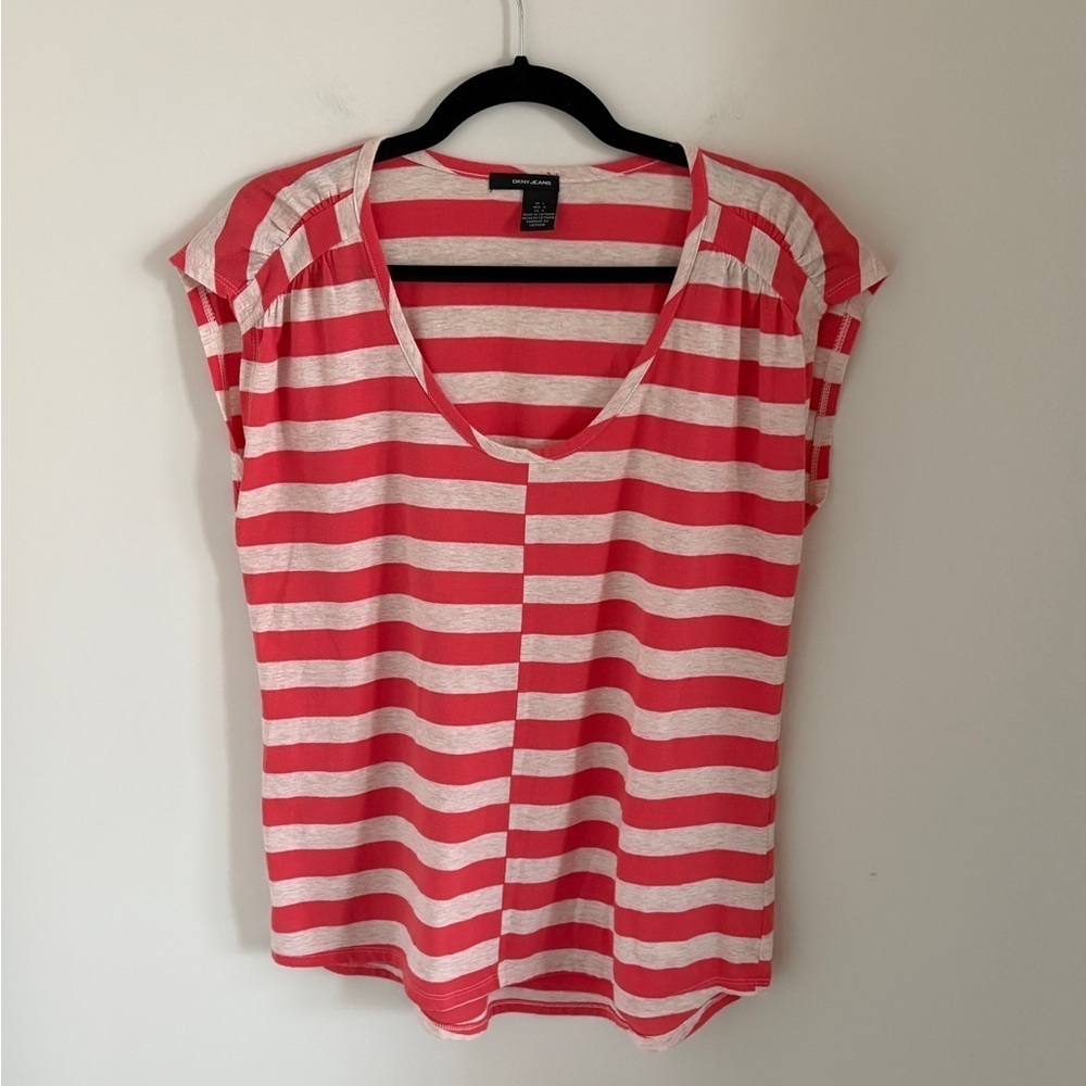 DKNY Coral and White Striped Blouse V-neck Sleeveless Size L